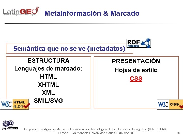 Metainformación & Marcado Semántica que no se ve (metadatos) ESTRUCTURA Lenguajes de marcado: HTML