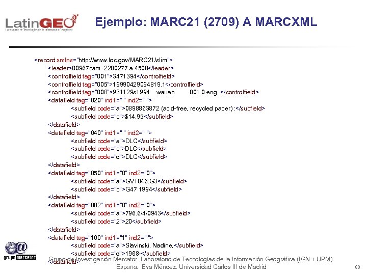 Ejemplo: MARC 21 (2709) A MARCXML <record xmlns="http: //www. loc. gov/MARC 21/slim"> <leader>00967 cam