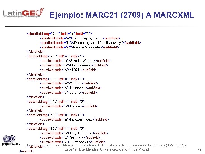 Ejemplo: MARC 21 (2709) A MARCXML <datafield tag="245" ind 1="1" ind 2="0"> <subfield code="a">Germany