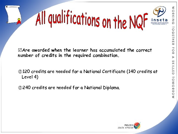  Are awarded when the learner has accumulated the correct number of credits in