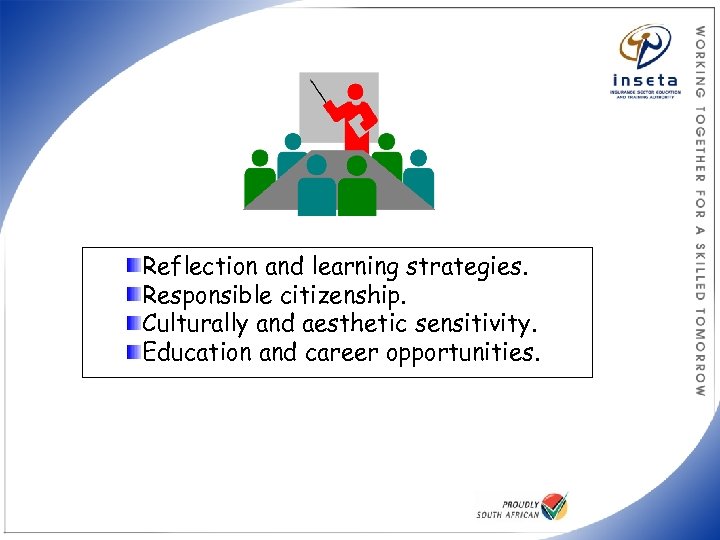 Reflection and learning strategies. Responsible citizenship. Culturally and aesthetic sensitivity. Education and career opportunities.