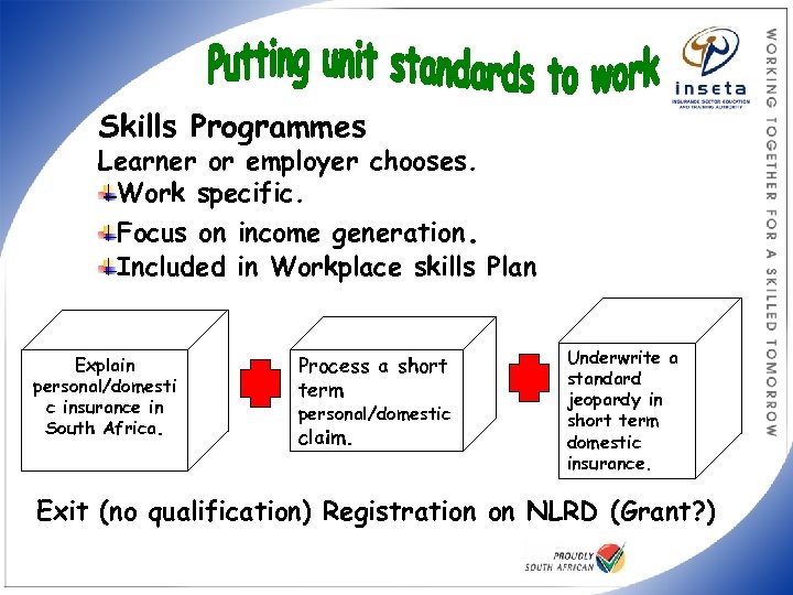 Skills Programmes Learner or employer chooses. Work specific. Focus on income generation. Included in