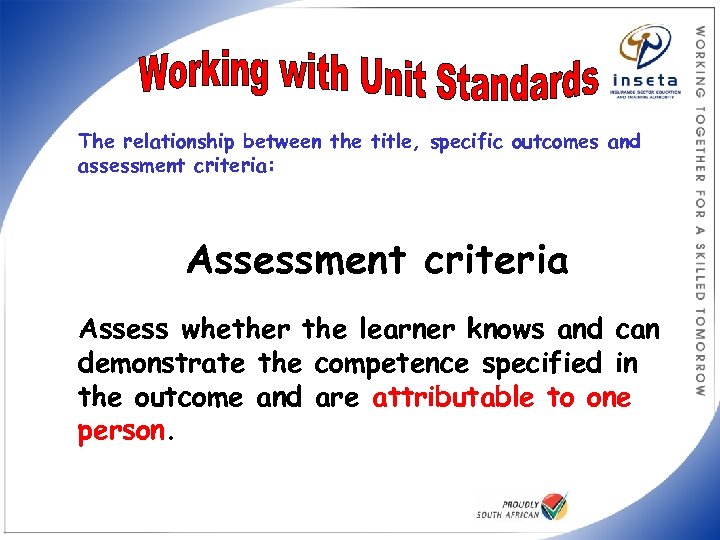 The relationship between the title, specific outcomes and assessment criteria: Assessment criteria Assess whether