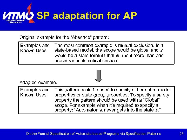 SP adaptation for AP Original example for the “Absence” pattern: Examples and The most