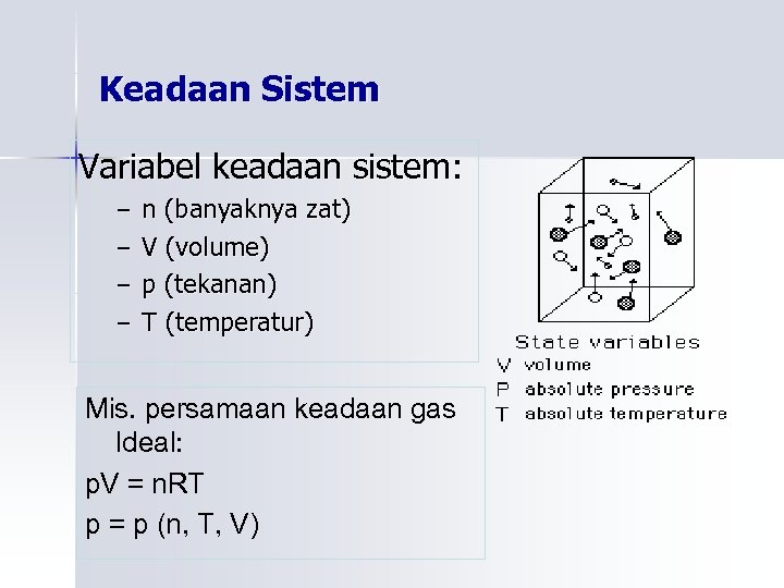 Keadaan Sistem Variabel keadaan sistem: – n (banyaknya zat) – V (volume) – p