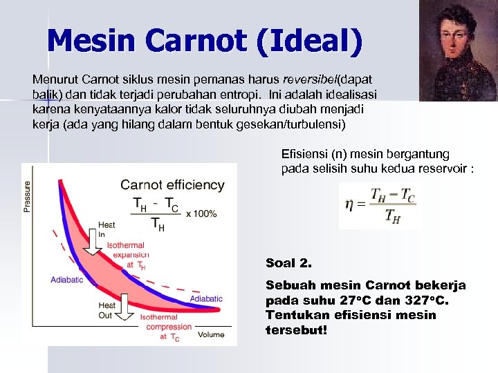 Mesin Carnot (Ideal) Menurut Carnot siklus mesin pemanas harus reversibel(dapat balik) dan tidak terjadi