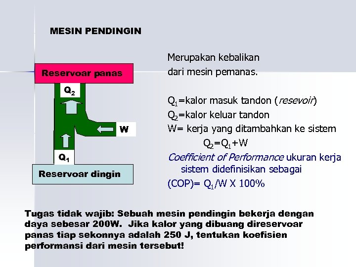 MESIN PENDINGIN Reservoar panas Q 2 W Q 1 Reservoar dingin Merupakan kebalikan dari
