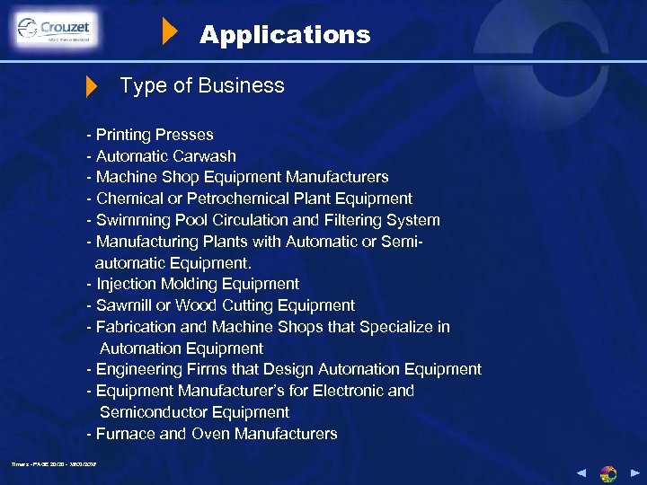 Applications Type of Business - Printing Presses - Automatic Carwash - Machine Shop Equipment