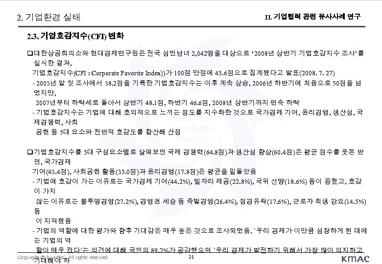 2. 기업환경 실태 II. 기업협력 관련 유사사례 연구 2. 3. 기업호감지수(CFI) 변화 대한상공회의소와 현대경제연구원은