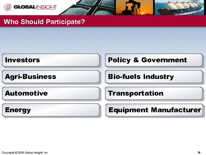 Who Should Participate? Investors Policy & Government Agri-Business Bio-fuels Industry Automotive Transportation Energy Equipment