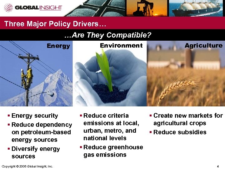 Three Major Policy Drivers… …Are They Compatible? Energy § Energy security § Reduce dependency