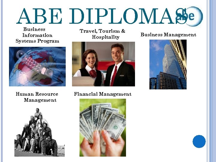 ABE DIPLOMAS Business Information Systems Program Travel, Tourism & Hospitality Human Resource Management Financial