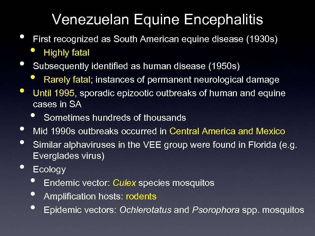 Venezuelan Equine Encephalitis • • • First recognized as South American equine disease (1930