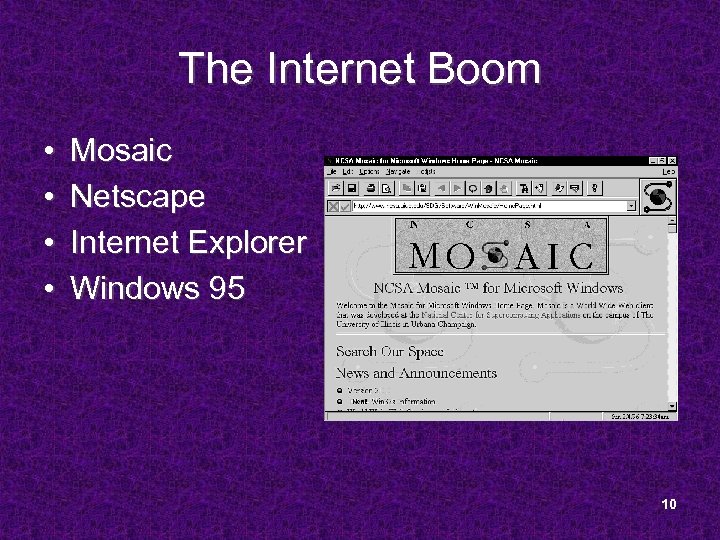 The Internet Boom • • Mosaic Netscape Internet Explorer Windows 95 10 