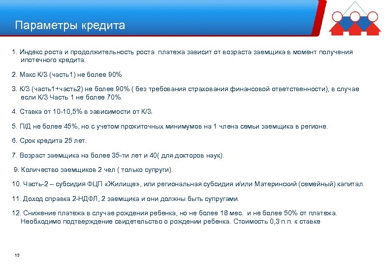 Параметры кредита 1. Индекс роста и продолжительность роста платежа зависит от возраста заемщика в