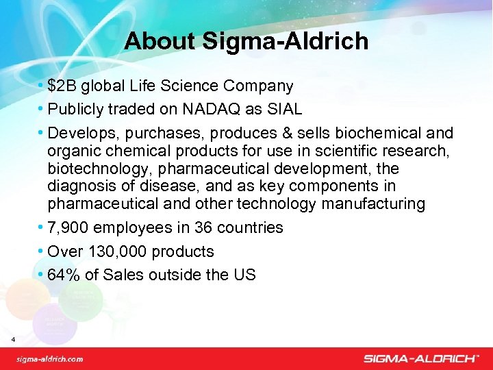 About Sigma-Aldrich • $2 B global Life Science Company • Publicly traded on NADAQ