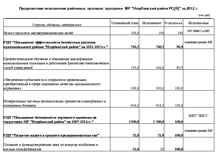 Продолжение исполнения районных целевых программ МР "Нюрбинский район РС(Я)" за. 2012 г. (тыс. руб)