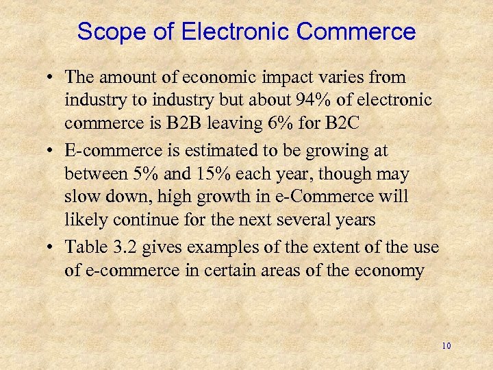 Scope of Electronic Commerce • The amount of economic impact varies from industry to