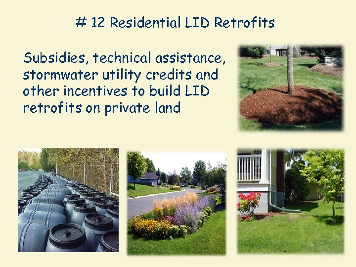 # 12 Residential LID Retrofits Subsidies, technical assistance, stormwater utility credits and other incentives
