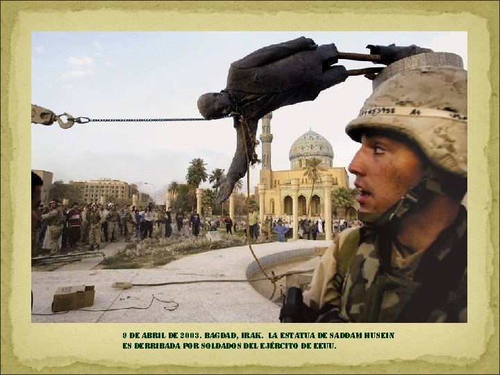 9 de abril de 2003. bagdad, irak. la estatua de saddam husein es derribada