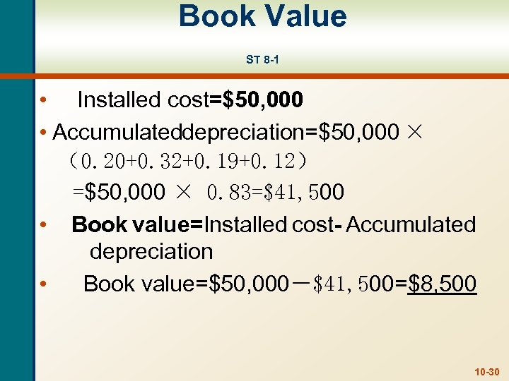 Book Value ST 8 -1 • Installed cost=$50, 000 • Accumulated epreciation=$50, 000 ×