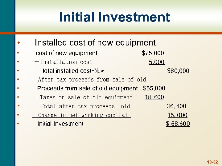 Initial Investment • Installed cost of new equipment • • • cost of new