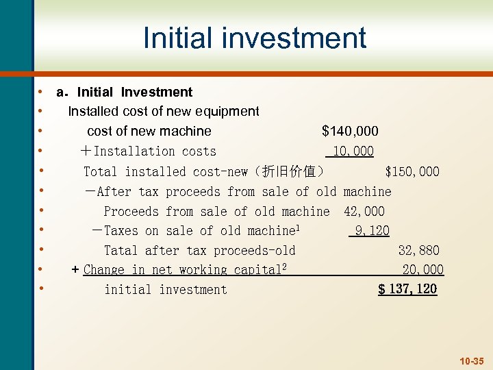 Initial investment • • • a．Initial Investment Installed cost of new equipment cost of
