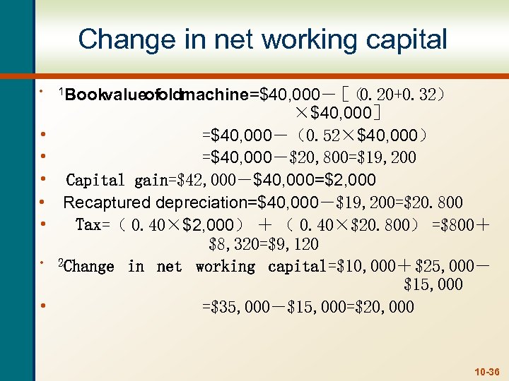 Change in net working capital • • 1 Book value old of machine=$40, 000－