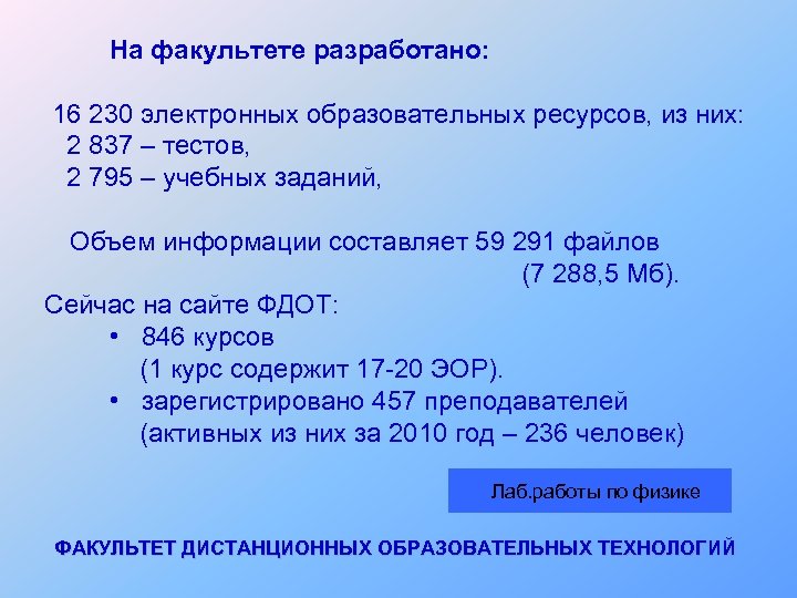 На факультете разработано: 16 230 электронных образовательных ресурсов, из них: 2 837 – тестов,