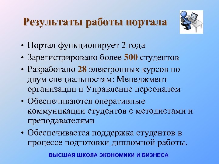 Результаты работы портала • Портал функционирует 2 года • Зарегистрировано более 500 студентов •