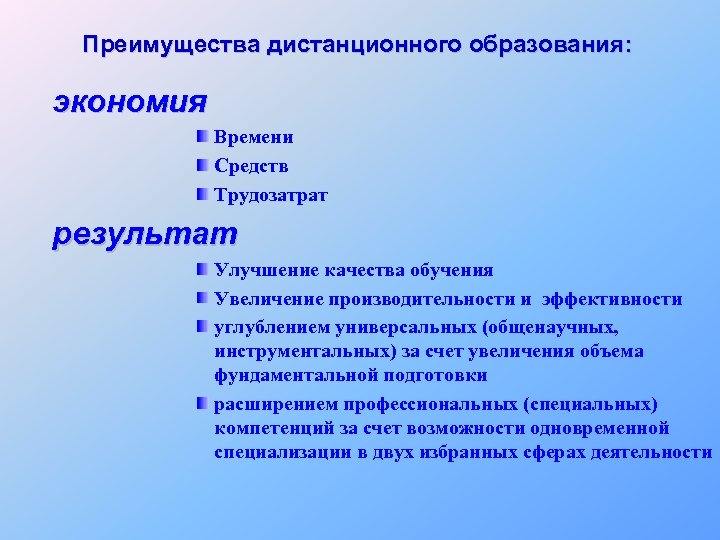 Преимущества дистанционного образования: экономия Времени Средств Трудозатрат результат Улучшение качества обучения Увеличение производительности и