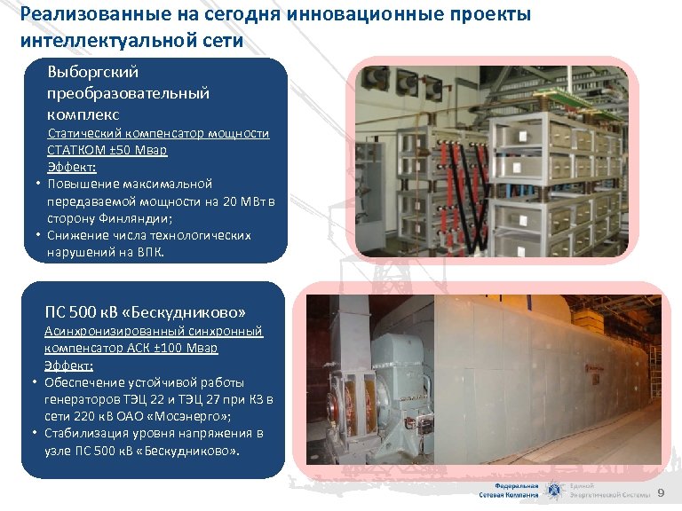 Реализованные на сегодня инновационные проекты интеллектуальной сети Выборгский преобразовательный комплекс Статический компенсатор мощности СТАТКОМ