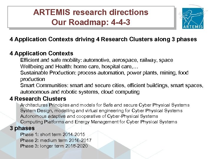 ARTEMIS research directions Our Roadmap: 4 -4 -3 4 Application Contexts driving 4 Research