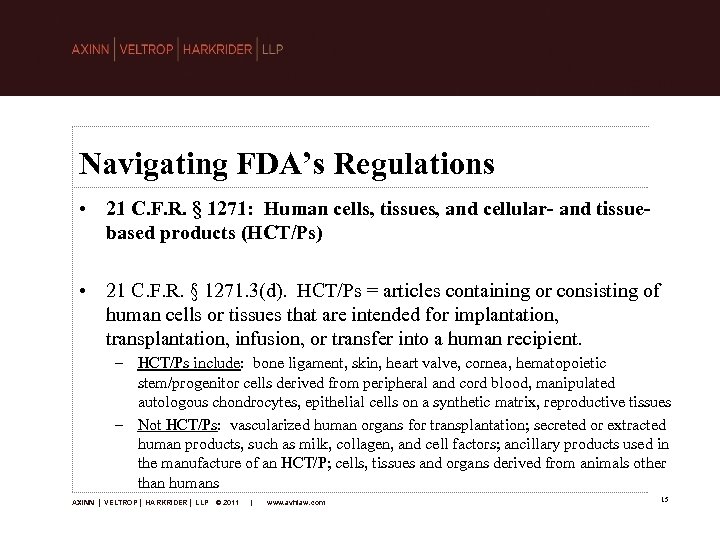 Navigating FDA’s Regulations • 21 C. F. R. § 1271: Human cells, tissues, and