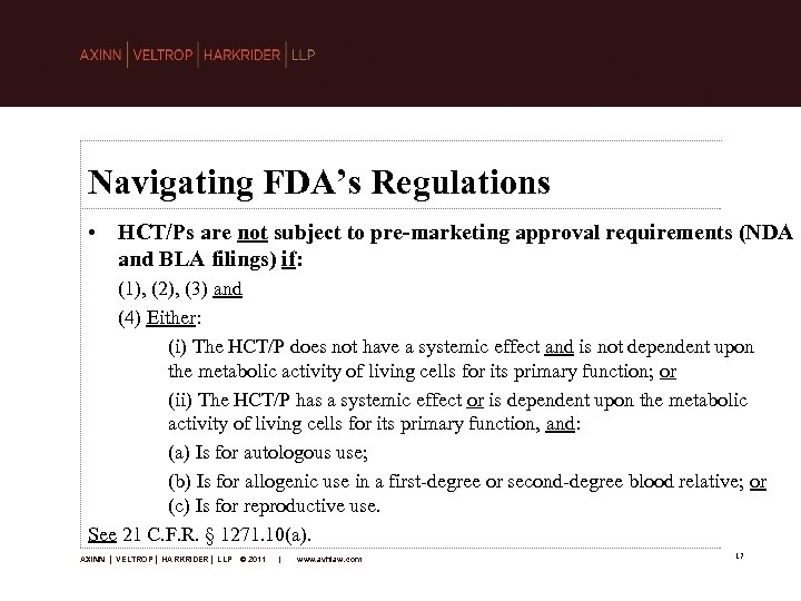 Navigating FDA’s Regulations • HCT/Ps are not subject to pre-marketing approval requirements (NDA and