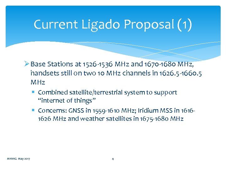 Current Ligado Proposal (1) Ø Base Stations at 1526 1536 MHz and 1670 1680