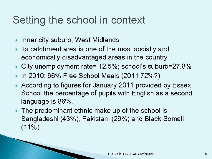 Setting the school in context Inner city suburb, West Midlands Its catchment area is