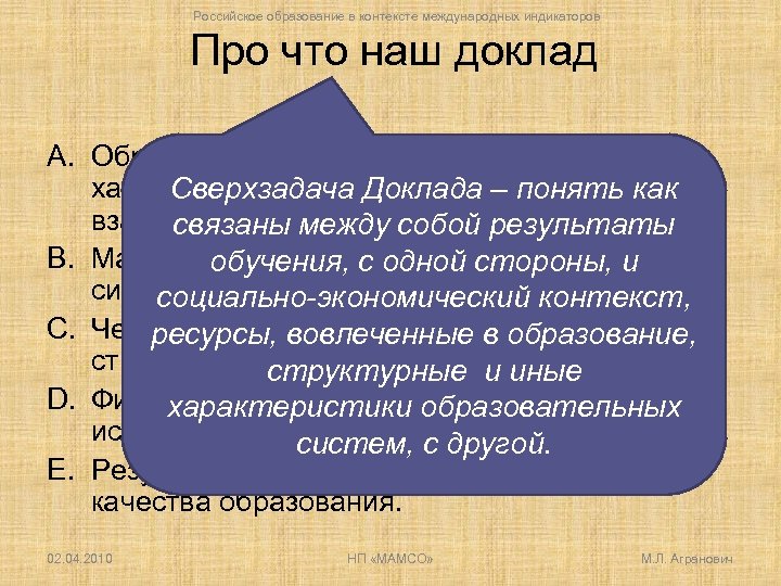 Российское образование в контексте международных индикаторов Про что наш доклад A. Образование и социально-экономические