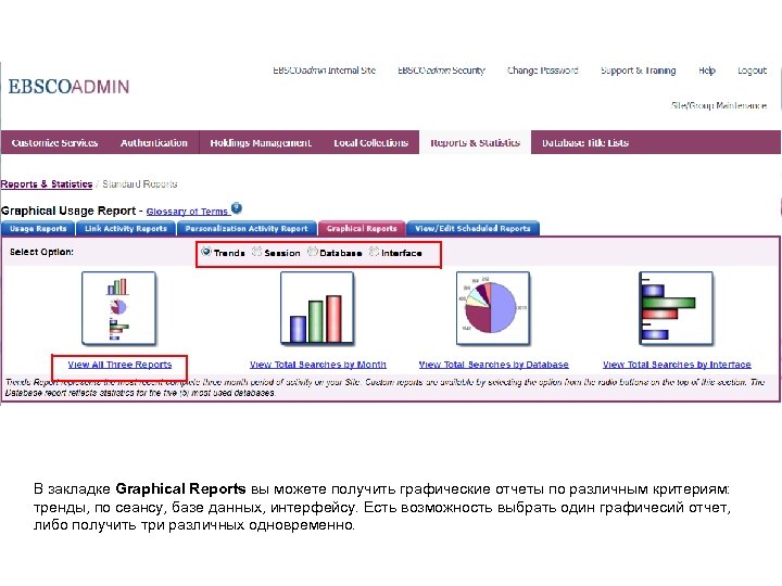 В закладке Graphical Reports вы можете получить графические отчеты по различным критериям: тренды, по