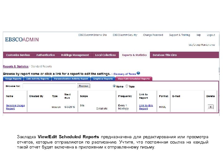 Закладка View/Edit Scheduled Reports предназначена для редактирования или просмотра отчетов, которые отправляются по расписанию.