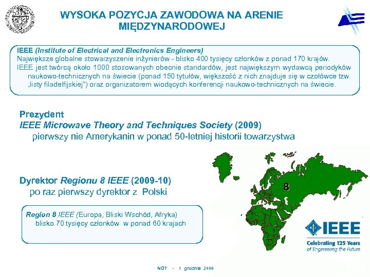 WYSOKA POZYCJA ZAWODOWA NA ARENIE MIĘDZYNARODOWEJ IEEE (Institute of Electrical and Electronics Engineers) Największe