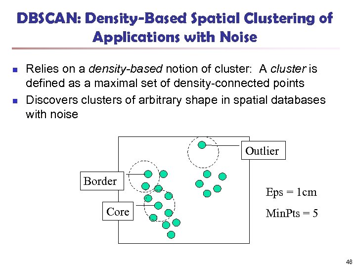 DBSCAN: Density-Based Spatial Clustering of Applications with Noise n n Relies on a density-based