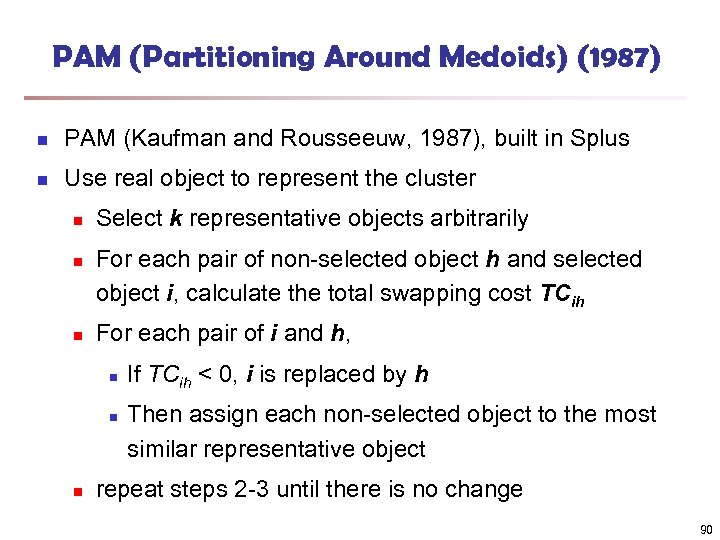 PAM (Partitioning Around Medoids) (1987) n PAM (Kaufman and Rousseeuw, 1987), built in Splus
