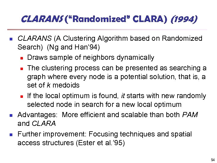 CLARANS (“Randomized” CLARA) (1994) n n n CLARANS (A Clustering Algorithm based on Randomized