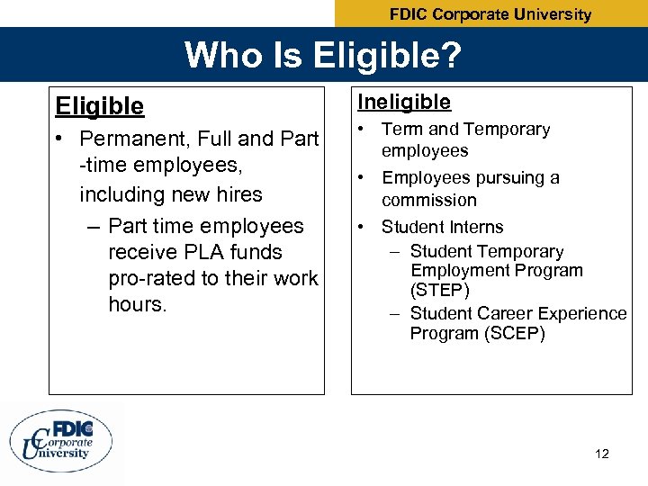 FDIC Corporate University Who Is Eligible? Eligible • Permanent, Full and Part -time employees,