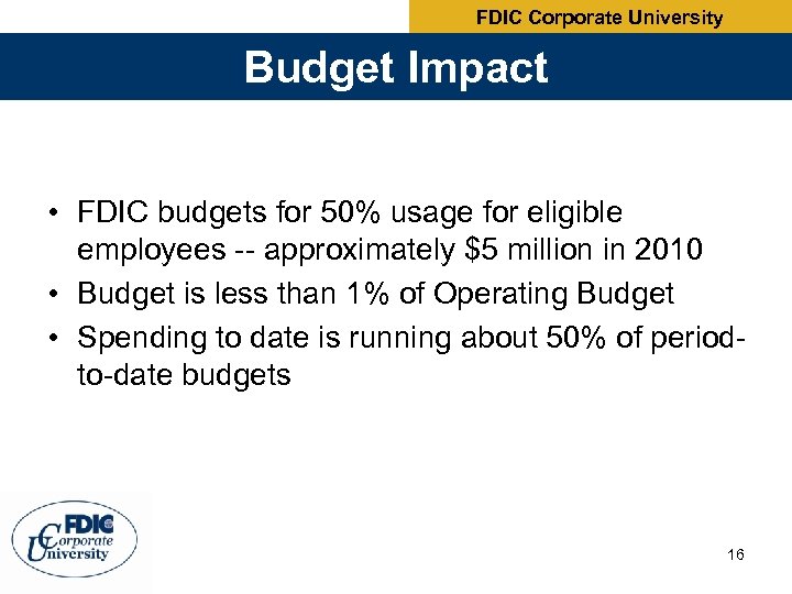 FDIC Corporate University Budget Impact • FDIC budgets for 50% usage for eligible employees