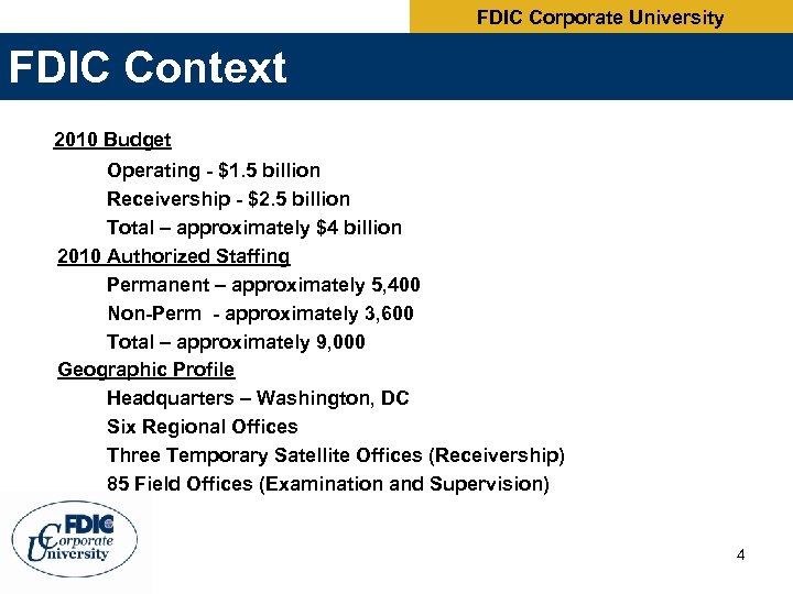 FDIC Corporate University FDIC Context 2010 Budget Operating - $1. 5 billion Receivership -