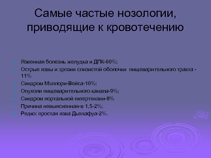 Самые частые нозологии, приводящие к кровотечению Ø Ø Ø Ø Язвенная болезнь желудка и