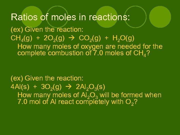 Ratios of moles in reactions: (ex) Given the reaction: CH 4(g) + 2 O