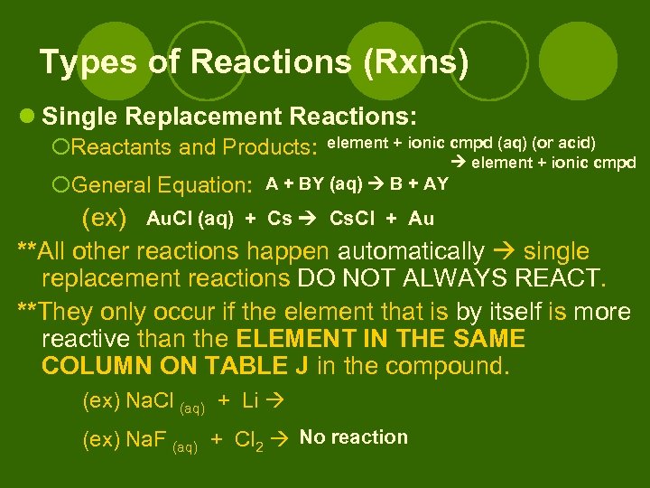 Types of Reactions (Rxns) l Single Replacement Reactions: ¡Reactants and Products: ¡General Equation: element